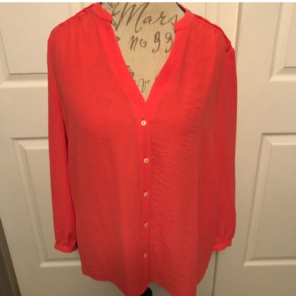 Anthro Pink Relaxed Button Down Blouse with Long Sleeves & Mandarin Collar